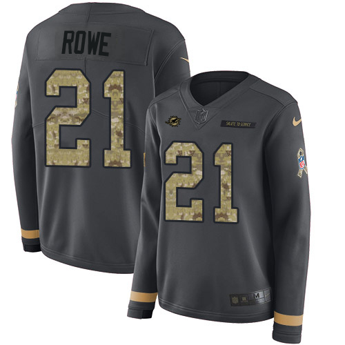 Miami Dolphins #21 Eric Rowe Anthracite Salute to Service Women's Stitched Limited Therma Long Sleeve Jersey Womens