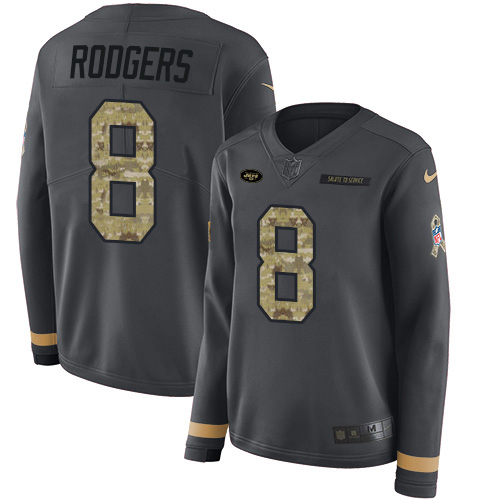 Jets #8 Aaron Rodgers Anthracite Salute To Service Women's Stitched Limited Therma Long Sleeve Jersey