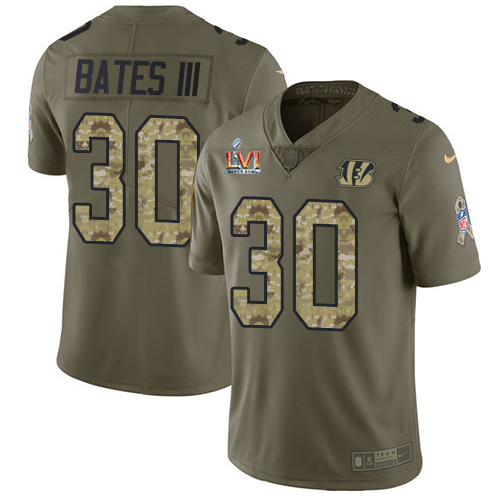 Bengals #30 Jessie Bates III Olive/Camo Men's Super Bowl LVI Patch Stitched Limited 2017 Salute To Service Jersey
