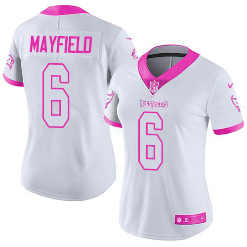 Buccaneers #6 Baker Mayfield White/Pink Women's Stitched Limited Rush Fashion Jersey