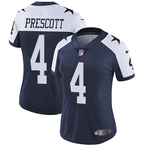 Cowboys #4 Dak Prescott Navy Blue Thanksgiving Women's Stitched Vapor Untouchable Limited Throwback Jersey