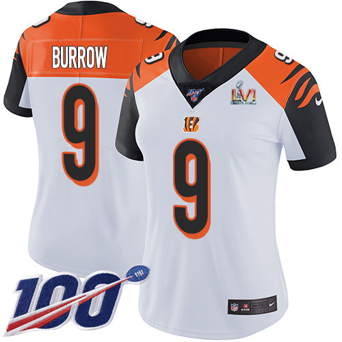 Bengals #9 Joe Burrow White Super Bowl LVI Patch Women's Stitched 100th Season Vapor Untouchable Limited Jersey