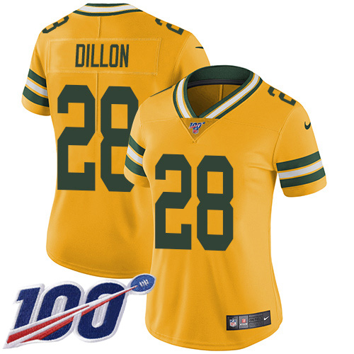 Packers #28 AJ Dillon Yellow Women's Stitched Limited Rush 100th Season Jersey