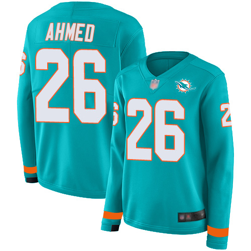 Miami Dolphins #26 Salvon Ahmed Aqua Green Team Color Women's Stitched Limited Therma Long Sleeve Jersey Womens