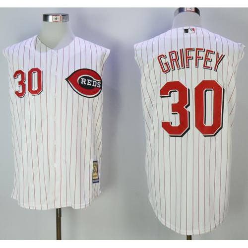Mitchell And Ness 2000 Cincinnati Reds #30 Ken Griffey White Strip Throwback Stitched Jersey Men's