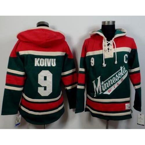 Minnesota Wild #9 Mikko Koivu Green/Red Sawyer Hooded Sweatshirt Stitched Jersey Men's