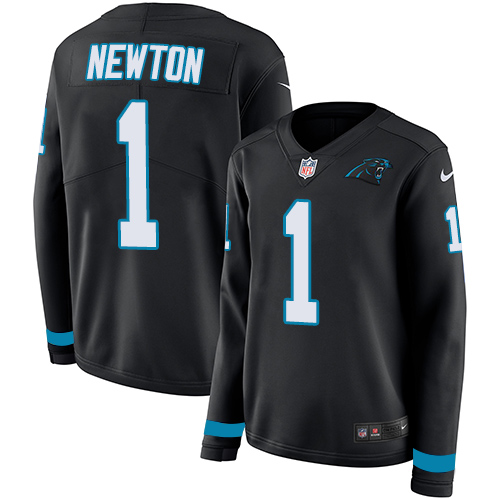 Carolina Panthers #1 Cam Newton Black Team Color Women's Stitched Limited Therma Long Sleeve Jersey Womens