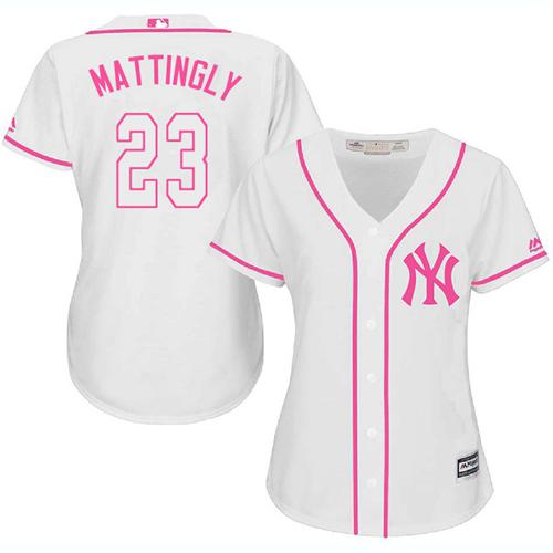 New York Yankees #23 Don Mattingly White/Pink Fashion Women's Stitched Jersey Womens