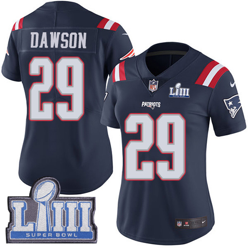 New England Patriots #29 Duke Dawson Navy Blue Super Bowl LIII Bound Women's Stitched Limited Rush Jersey Womens