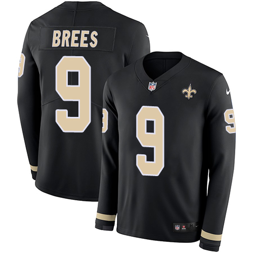 Saints #9 Drew Brees Black Team Color Men's Stitched Limited Therma Long Sleeve Jersey