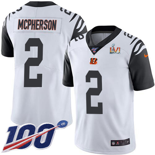 Bengals #2 Evan McPherson White Super Bowl LVI Patch Men's Stitched Limited Rush 100th Season Jersey