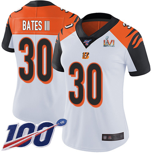 Bengals #30 Jessie Bates White Super Bowl LVI Patch Women's Stitched 100th Season Vapor Untouchable Limited Jersey
