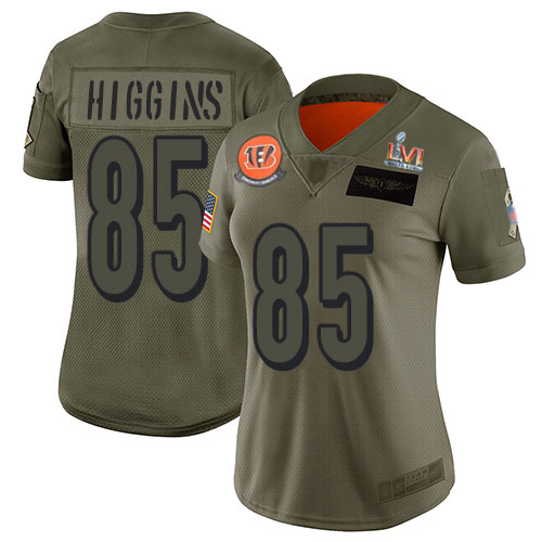 Bengals #85 Tee Higgins Camo Super Bowl LVI Patch Women's Stitched Limited 2019 Salute To Service Jersey
