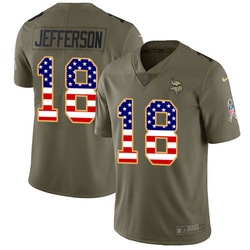 Vikings #18 Justin Jefferson Olive/USA Flag Youth Stitched Limited 2017 Salute To Service Jersey