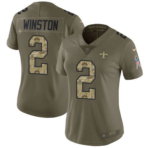 New Orleans Saints #2 Jameis Winston Olive/Camo Women's Stitched Limited 2017 Salute To Service Jersey Womens