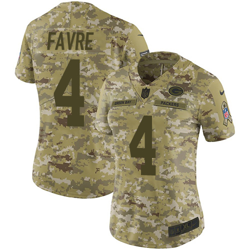 Green Bay Packers #4 Brett Favre Camo Women's Stitched Limited 2018 Salute to Service Jersey Womens