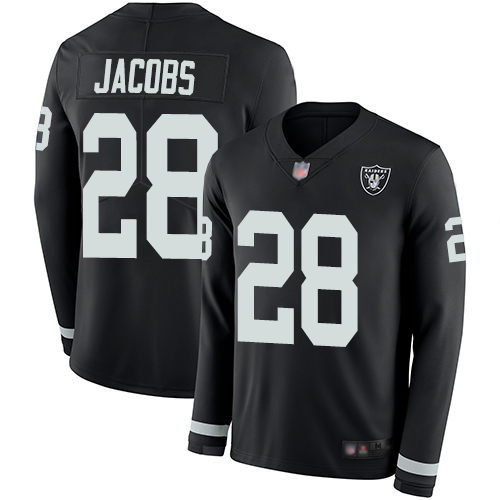 Raiders #28 Josh Jacobs Black Team Color Men's Stitched Limited Therma Long Sleeve Jersey