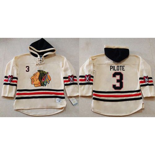 Chicago Blackhawks #3 Pierre Pilote Cream Heavyweight Pullover Hoodie Stitched Jersey Men's