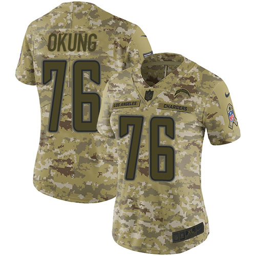Los Angeles Chargers #76 Russell Okung Camo Women's Stitched Limited 2018 Salute to Service Jersey Womens