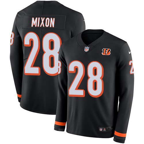 Bengals #28 Joe Mixon Black Team Color Men's Stitched Limited Therma Long Sleeve Jersey