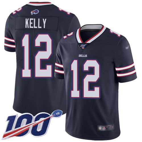 Bills #12 Jim Kelly Navy Men's Stitched Limited Inverted Legend 100th Season Jersey