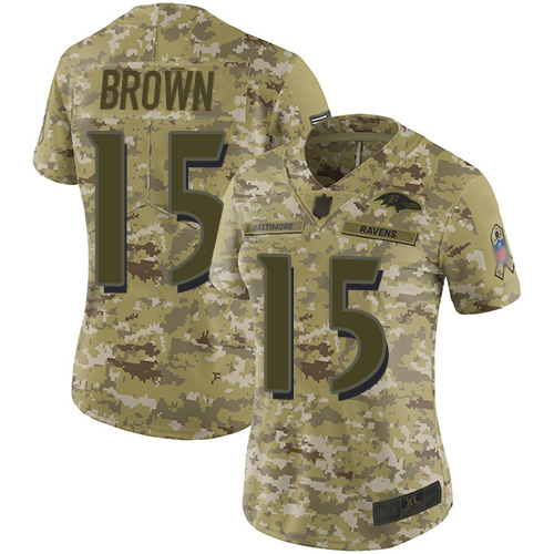 Baltimore Ravens #15 Marquise Brown Camo Women's Stitched Limited 2018 Salute to Service Jersey Womens