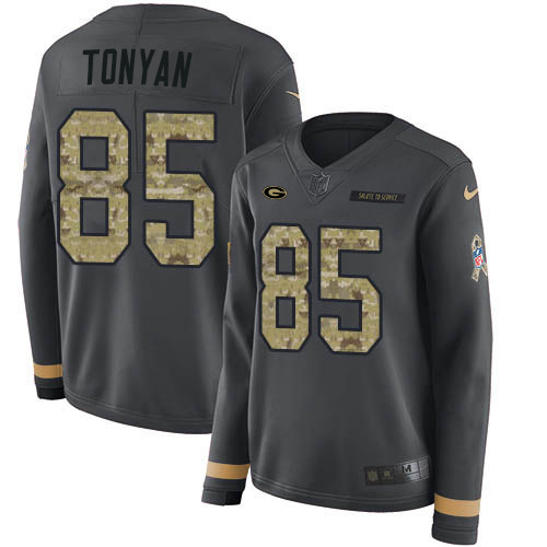 Green Bay Packers #85 Robert Tonyan Anthracite Salute to Service Women's Stitched Limited Therma Long Sleeve Jersey Womens