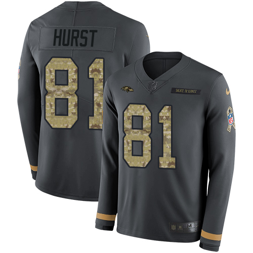 Baltimore Ravens #81 Hayden Hurst Anthracite Salute to Service Men's Stitched Limited Therma Long Sleeve Jersey Men's