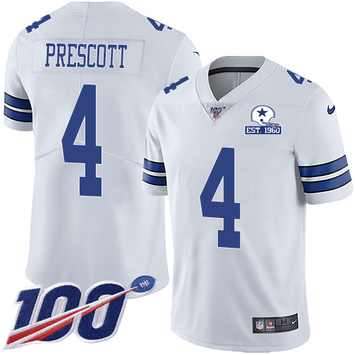 Cowboys #4 Dak Prescott White Men's Stitched With Established In 1960 Patch 100th Season Vapor Untouchable Limited Jersey