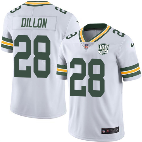 Packers #28 AJ Dillon White Men's 100th Season Stitched Vapor Untouchable Limited Jersey