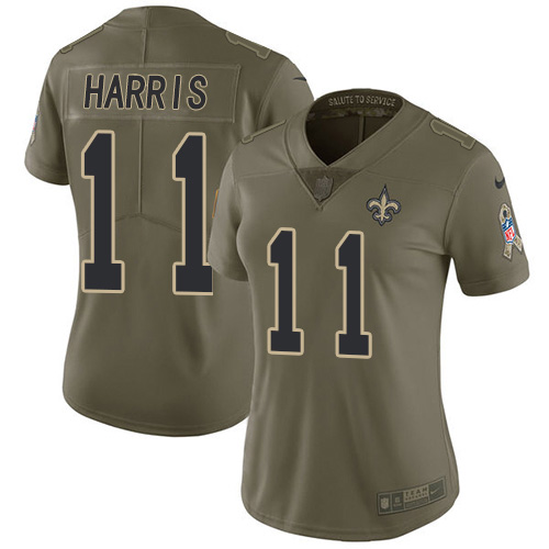 New Orleans Saints #11 Deonte Harris Olive Women's Stitched Limited 2017 Salute To Service Jersey Womens