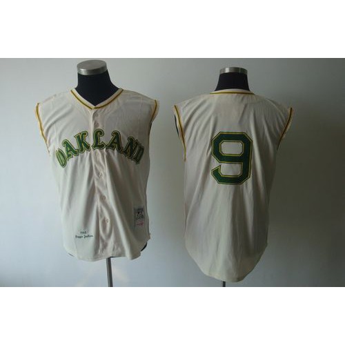 Mitchell And Ness 1968 Oakland Athletics #9 Reggie Jackson Cream Throwback Stitched Jersey Men's