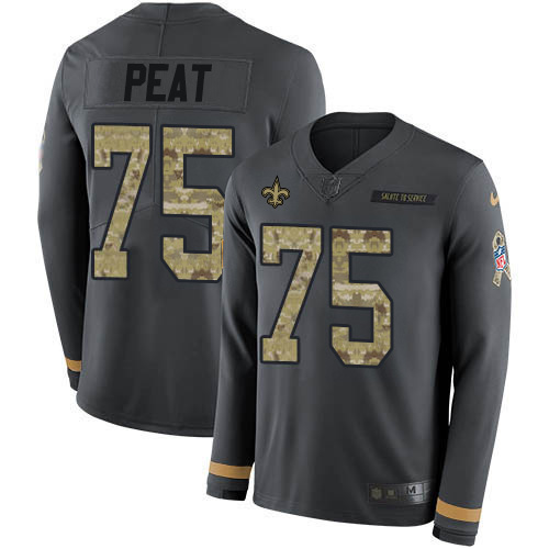 New Orleans Saints #75 Andrus Peat Anthracite Salute to Service Men's Stitched Limited Therma Long Sleeve Jersey Men's