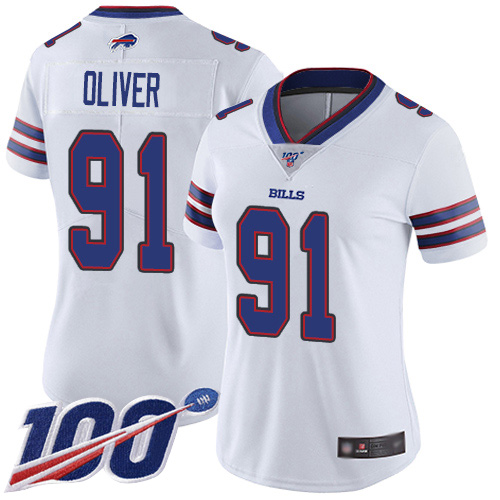 Buffalo Bills #91 Ed Oliver White Women's Stitched 100th Season Vapor Limited Jersey Womens