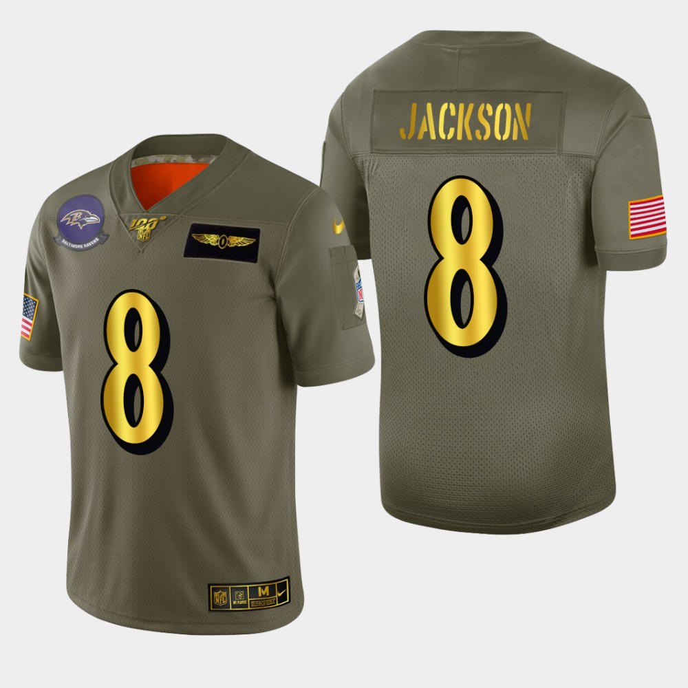 Baltimore Ravens #8 Lamar Jackson Men's Olive Gold 2019 Salute To Service Limited 100 Jersey