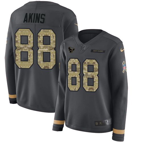 Houston Texans #88 Jordan Akins Anthracite Salute to Service Women's Stitched Limited Therma Long Sleeve Jersey Womens