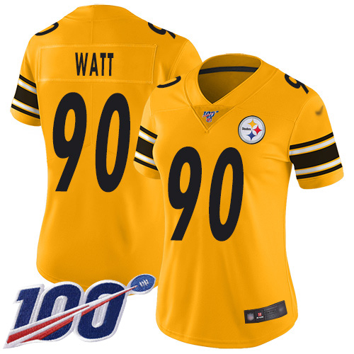 Steelers #90 T. J. Watt Gold Women's Stitched Limited Inverted Legend 100th Season Jersey