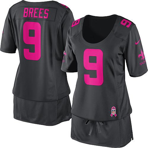 Saints #9 Drew Brees Dark Grey Women's Breast Cancer Awareness Stitched Elite Jersey