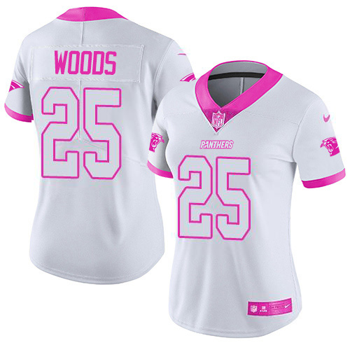 Panthers #25 Xavier Woods White/Pink Women's Stitched Limited Rush Fashion Jersey