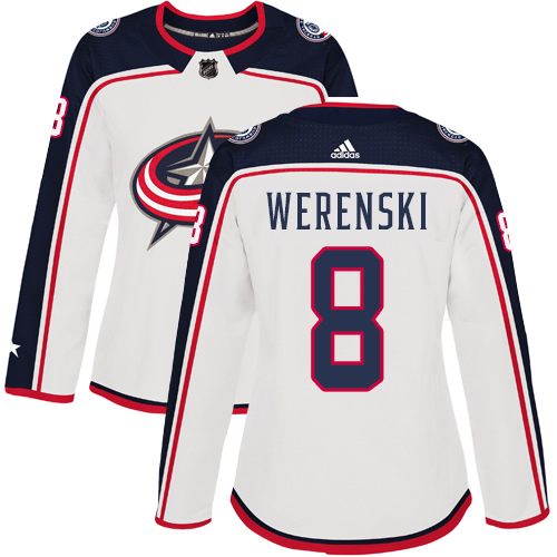 Adidas Columbus Blue Jackets #8 Zach Werenski White Road Authentic Women's Stitched Jersey Womens