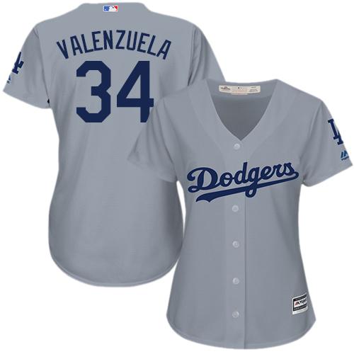 Los Angeles Dodgers #34 Fernando Valenzuela Grey Alternate Road Women's Stitched Jersey Womens