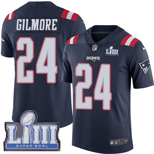 New England Patriots #24 Stephon Gilmore Navy Blue Super Bowl LIII Bound Youth Stitched Limited Rush Jersey Youth