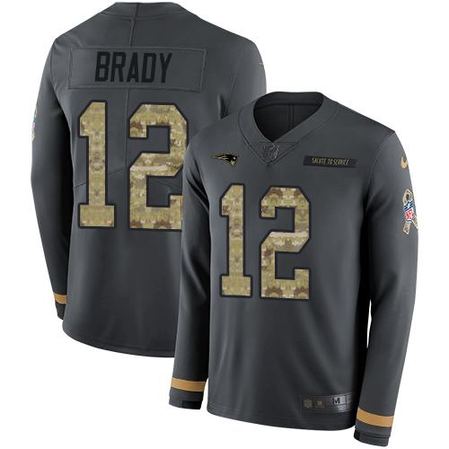 Patriots #12 Tom Brady Anthracite Salute To Service Men's Stitched Limited Therma Long Sleeve Jersey