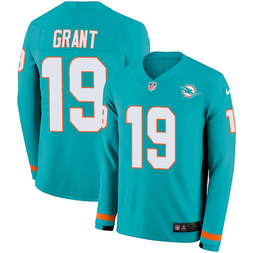 Miami Dolphins #19 Jakeem Grant Aqua Green Team Color Men's Stitched Limited Therma Long Sleeve Jersey Men's
