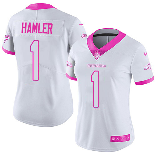 Broncos #1 KJ Hamler White/Pink Women's Stitched Limited Rush Fashion Jersey