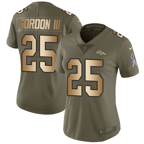 Denver Broncos #25 Melvin Gordon III Olive/Gold Women's Stitched Limited 2017 Salute To Service Jersey Womens