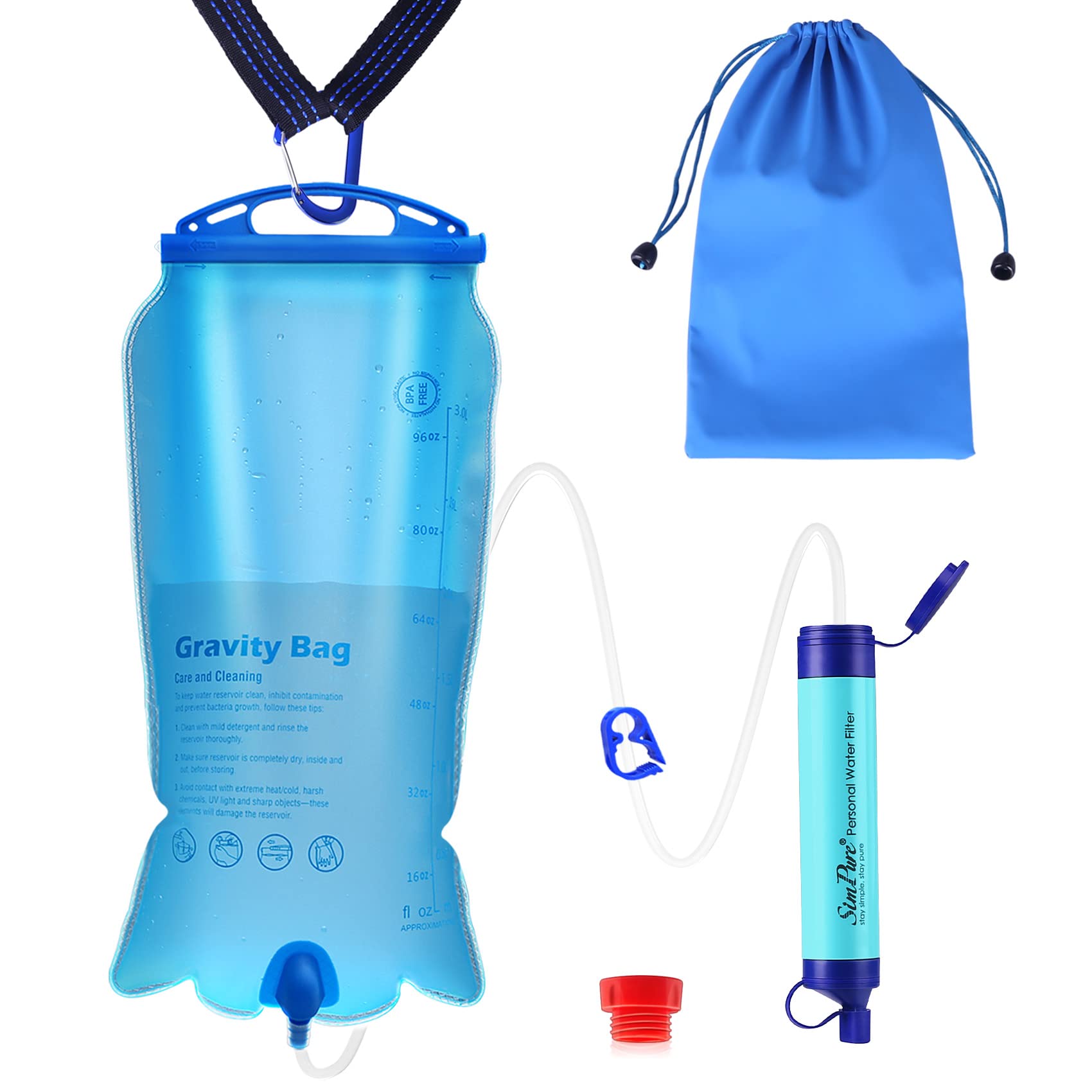 testSimPure Gravity Water Filter, Portable Gravity-Fed Water Purifier with 3L Gravity Bag, Tree Strap, BPA Free Survival Gear and Equipment for Camping Hiking Emergency Preparedness