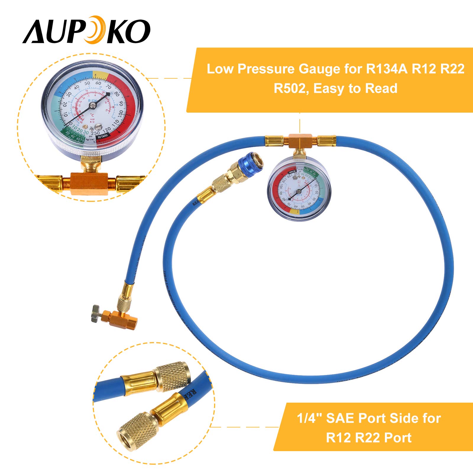 testAupoko R134A Car AC Refrigerant Charge Hose, AC Charge Hose with Gauge, R134A Can Tap Valve, R134A Quick Couple, Low Pressure Gauge and 59'' Recharge Hose