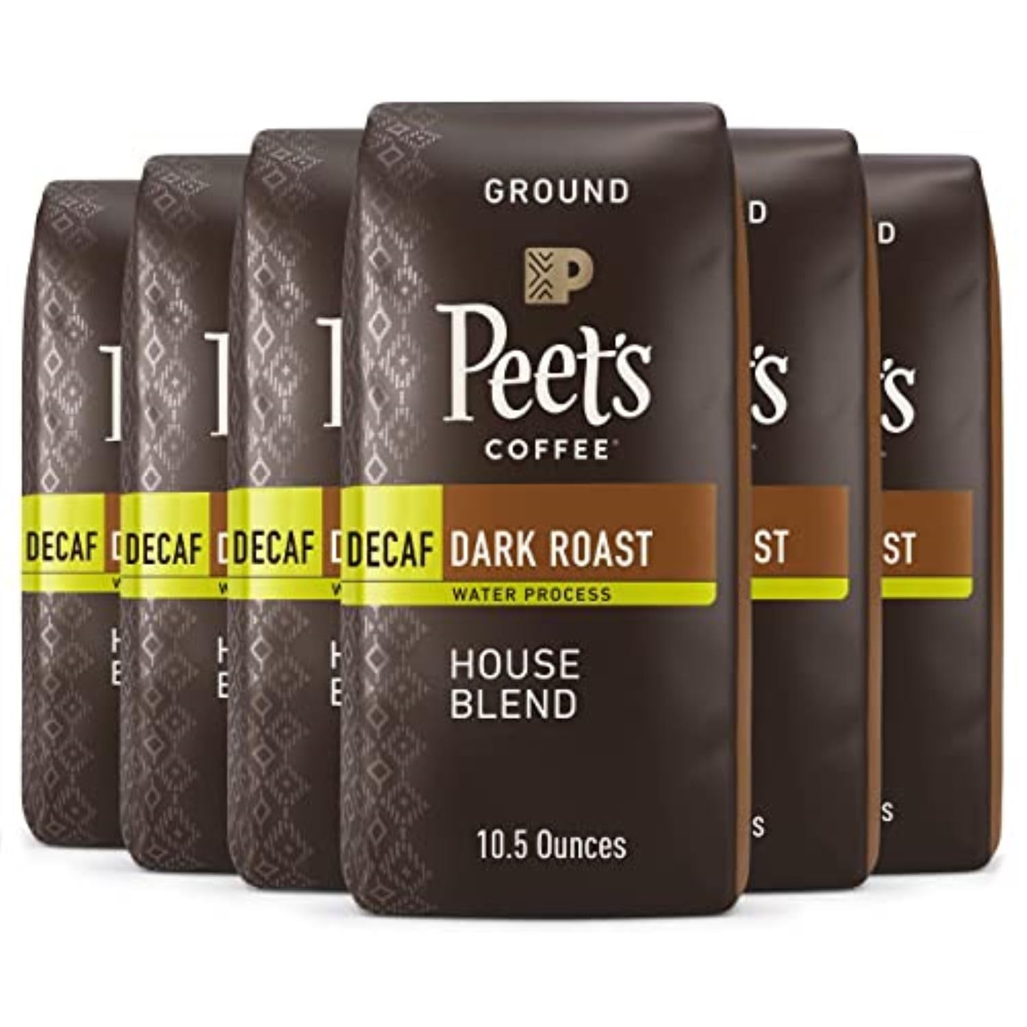 testPeet's Coffee, Dark Roast Decaffeinated Ground Coffee - Decaf House Blend 63 Ounces (Six Bags of 10.5 Ounce)
