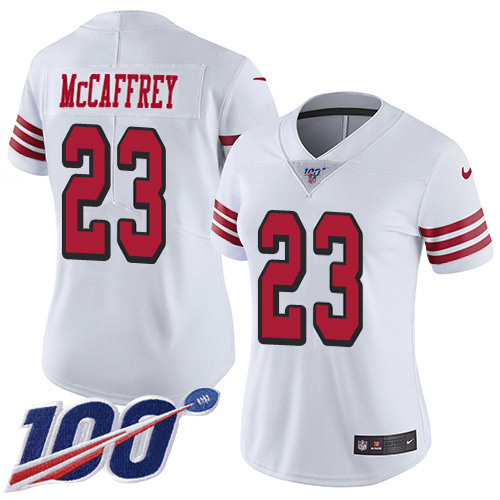 49ers #23 Christian McCaffrey White Rush Women's Stitched Limited 100th Season Jersey